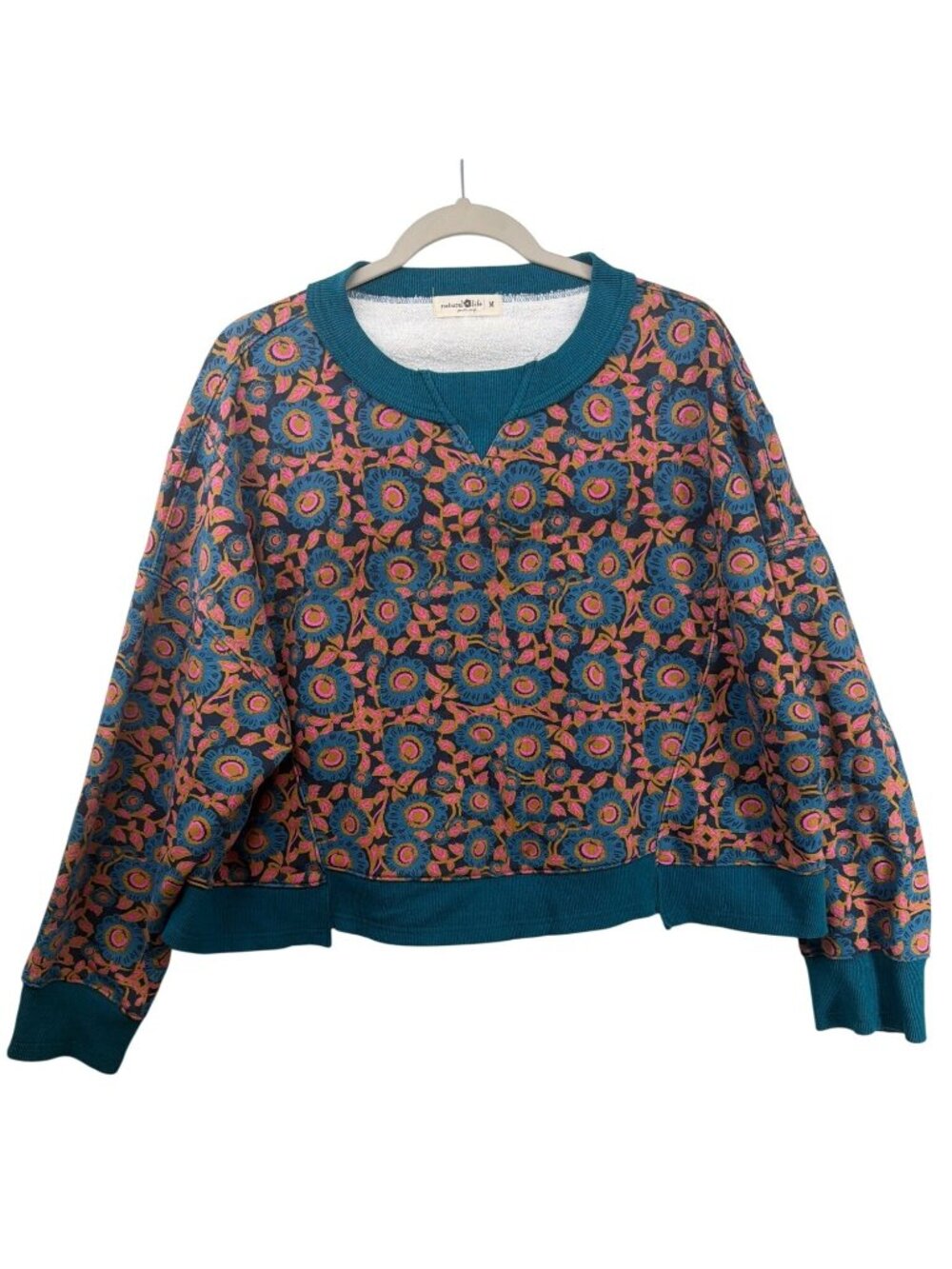 Natural Life Womens Sweatshirt Sz M Teal Floral Selah Boxy Cropped CrewNeck Boho